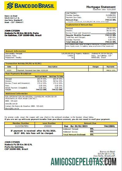 Brazil Banco Do Brasil Bank Mortgage Statement Scr amostra